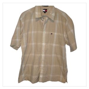 Tommy Hilfiger Plaid Button Down Shirt Mens Large Beige Tan Short Sleeve Logo